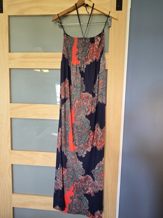 Trendology Dresses & Skirts - Navy Paisley Maxi Dress with Coral and Teal Accents